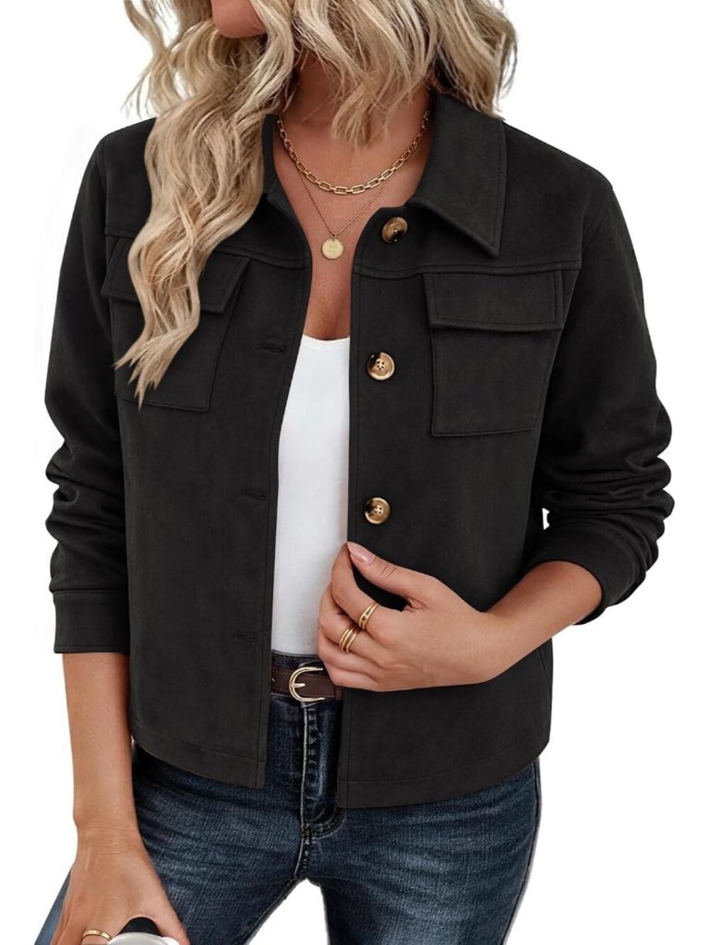 Women's Black Long Sleeve Faux Suede Cropped Shacket Button Down Fall Jacket
